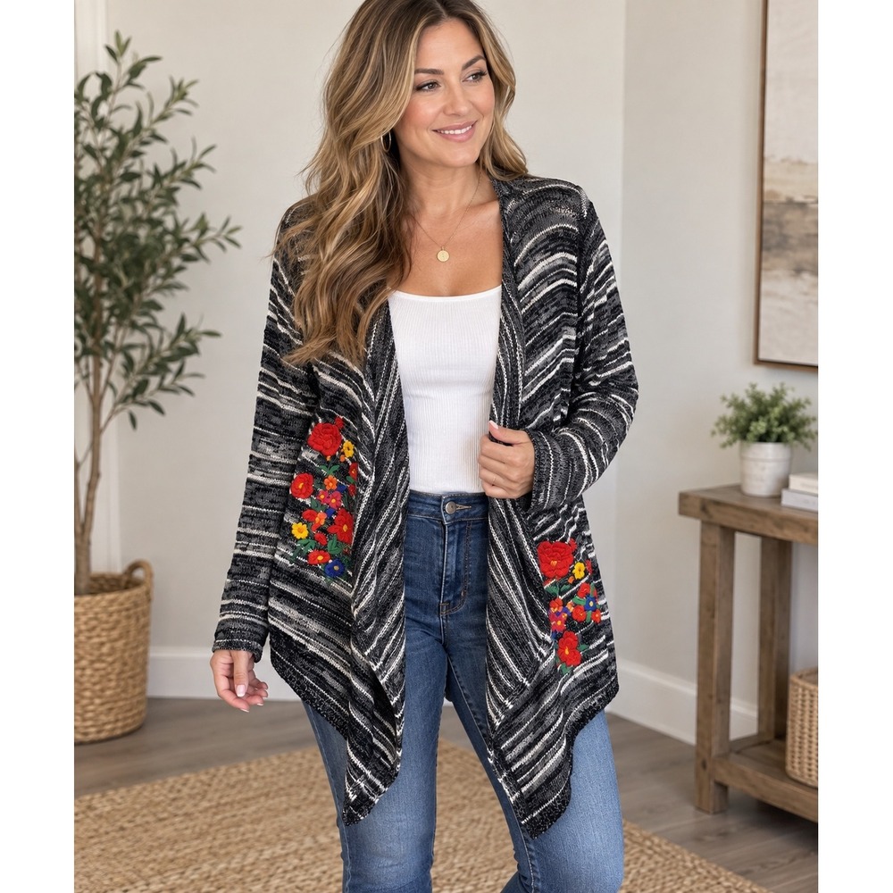 Desigual Women Embroidered Floral Striped Waterfall Open Front Cardigan Sweater